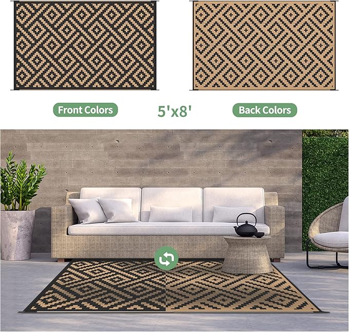 GENIMO 5'x8'Outdoor Rug Waterproof, Reversible Mats, Area Rug, Plastic Outside Carpet, Geometric Rv Mat for Patio Camping Rv Picnic Backyard Deck Balcony Porch Beach Trailer (Black & Brown)