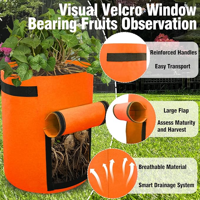 Gardzen 6 Pack BPA-Free 10 Gallon Vegetable Grow Bags with Access Flap and Handles, Suitable for Planting Potato, Taro, Beets, Carrots, Onions, Peanut