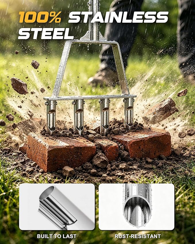 RETRUE Manual Core Aerator Lawn Tool - Lawn Aerator Tool with 4 Replaceable Hollow Tine, Semi-Assembled Grass Aerator Core Aeration Tool for Lawn, Yard Aerator for Lawn Care Compacted Soil