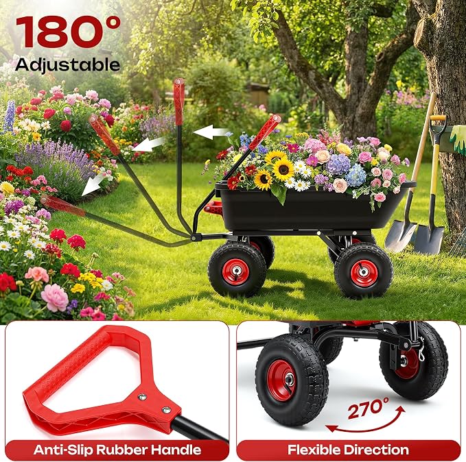 900LB Garden Dump Cart, 2026 Upgraded Heavy Duty Wheelbarrow Cart with 10" Non-Slip Pneumatic Tires & Quick-Release System, 4-Wheel Steel Frame Wagon for Transportation in Yard, Farm, Garden