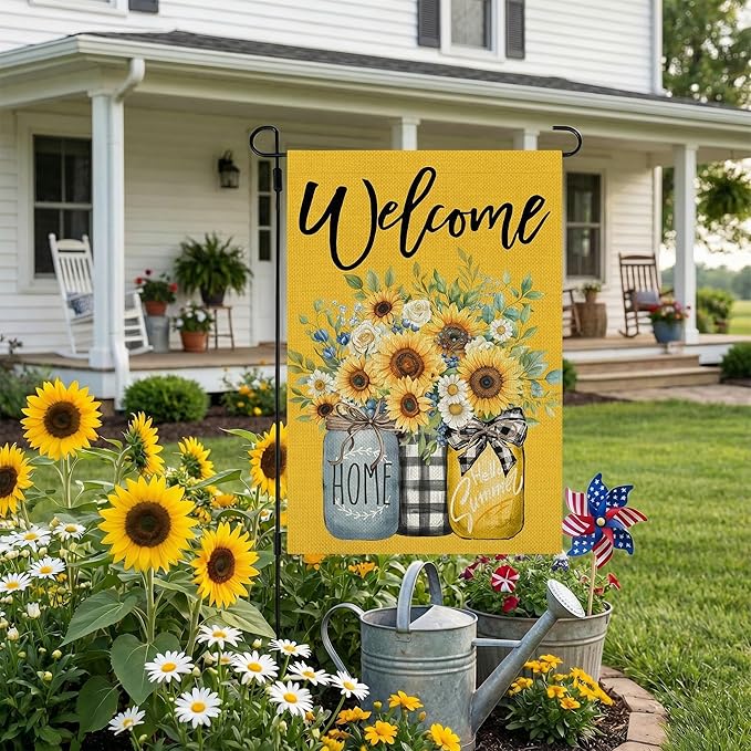 CROWNED BEAUTY Summer Garden Flag Sunflowers Mason Jars 12x18 Inch Double Sided Small Yellow Floral Seasonal Holiday Decoration for Outside Yard