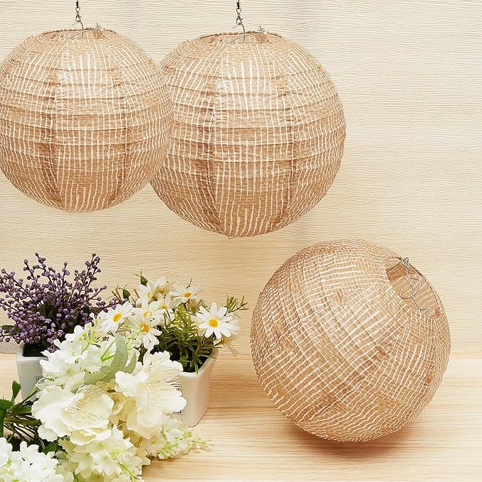Hortsun 12 Pcs Print Burlap Paper Lanterns Round Chinese Paper Lanterns Farmhouse Boho Classroom Home Decor Classroom Sweet Birthday Party Ceremonial Event (10/12 Inch)