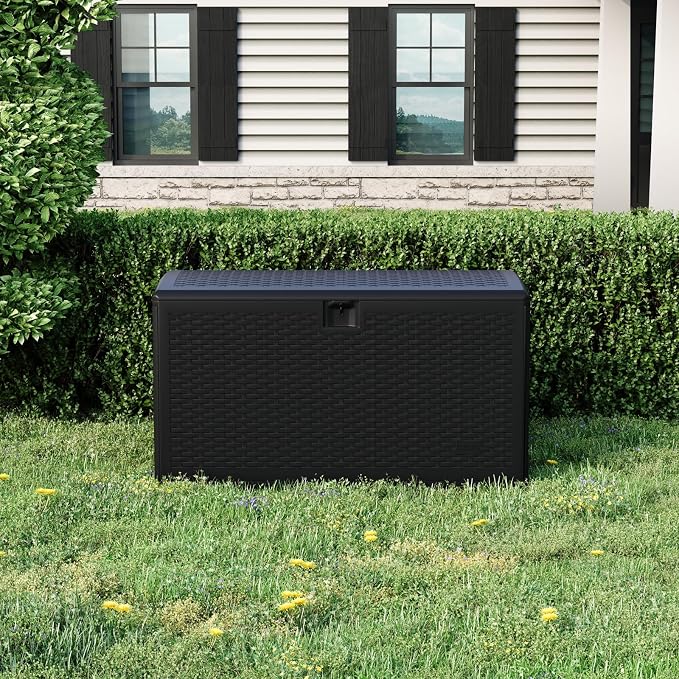 120 Gallons Outdoor Storage Box, Lockable Resin Deck Box for Outside Patio Furniture Cushion, Pool Supply, with Hydraulic Hinge, UV-Resistant and Weatherproof, Rattan Black