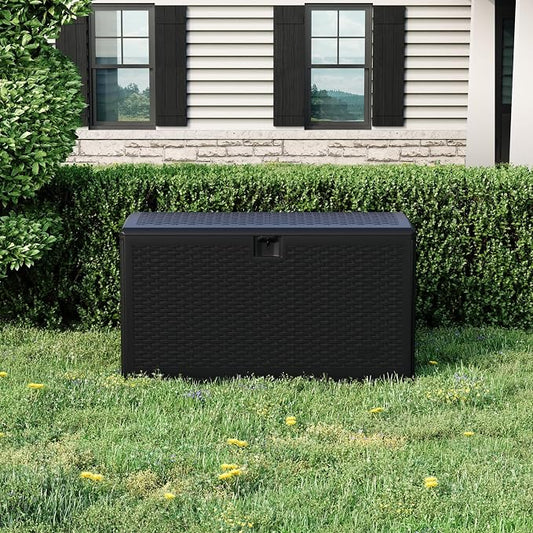 120 Gallons Outdoor Storage Box, Lockable Resin Deck Box for Outside Patio Furniture Cushion, Pool Supply, with Hydraulic Hinge, UV-Resistant and Weatherproof, Rattan Black