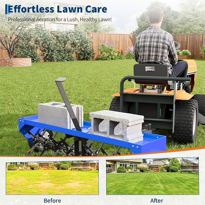 48 Inch Tow Behind Lawn Plug Aerator,100LBS Capacity Yard Aerator with Universal Hitch &10" Tires, Heavy Duty Aerator Lawn Tool Tow Behind, Steel Core Aerator for Garden Farm Yard Lawn Care