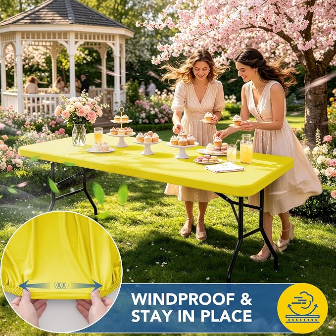Fitted Tablecloth for 6 Foot Rectangle Tables-4 Pack Yellow Elastic Outdoor Picnic Table Cover-Spandex Stretch Folding Table Cloths 6 ft for Camping Dining Room Patio Kitchen Banquet Party