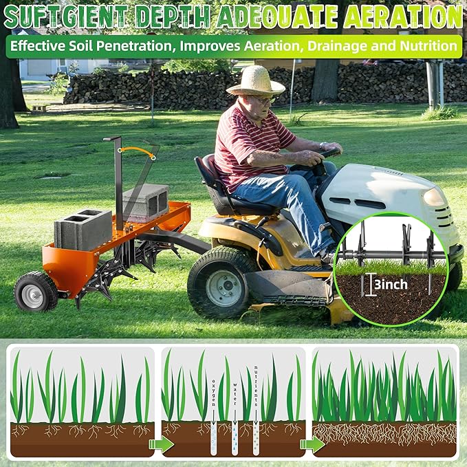 PPOLB 48" Lawn Aerator Tow Behind, Plug Aerator Tow Behind with Universal Hich, Orange Painted Galvanized Steel with Tray and Inflatable Wheels, Pull Behind Aerator for Garden, Farm and Lawn