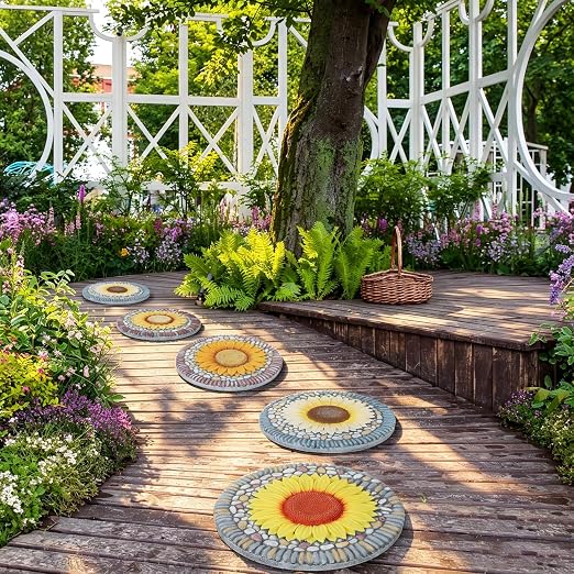 4 Pack Sunflower Stepping Stones for Garden, 10-Inch Faux Stepping Stones Outdoor, Decorative Hand-Painted Garden Stones, Weather-Resistant Pathway Stones for Walkway Yard Patio, Large Stepping Stones