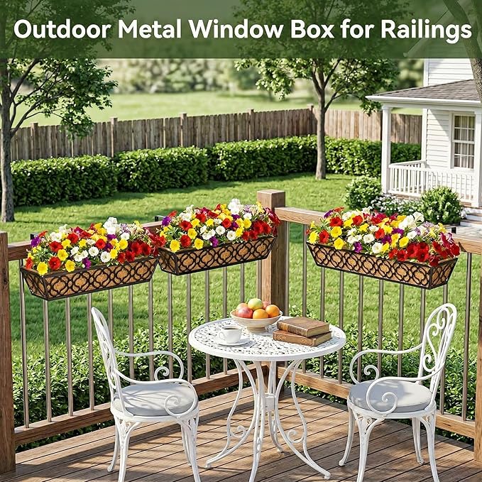 6 Pack 30 Inch Railing Planter Box with Coco Liner, Adjustable Metal Window Box Planter for Balcony Deck Fence, Hanging Flower Basket for Outdoor Garden, Black