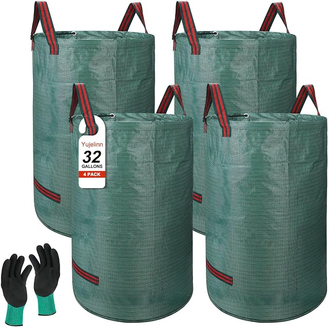 4 Pack 32 Gallon Reusable Yard Waste & Lawn Leaf Bags with Gloves - Heavy Duty Garden Trash Bags for All-Season Cleanup, Patio & Grass Clippings, Camping, Recyclable & Light Construction, Collapsible