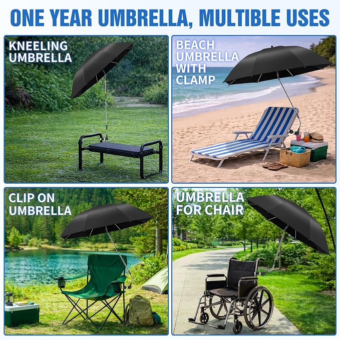 Garden Kneeler Umbrella,42” Large Chair Umbrella with Universal Clamp, 360°Swivel and UPF 50+ Protection,Folding Clip on Umbrellas for Garden Seat Bench Beach Chairs Strollers Golf Carts, NO KNEELER