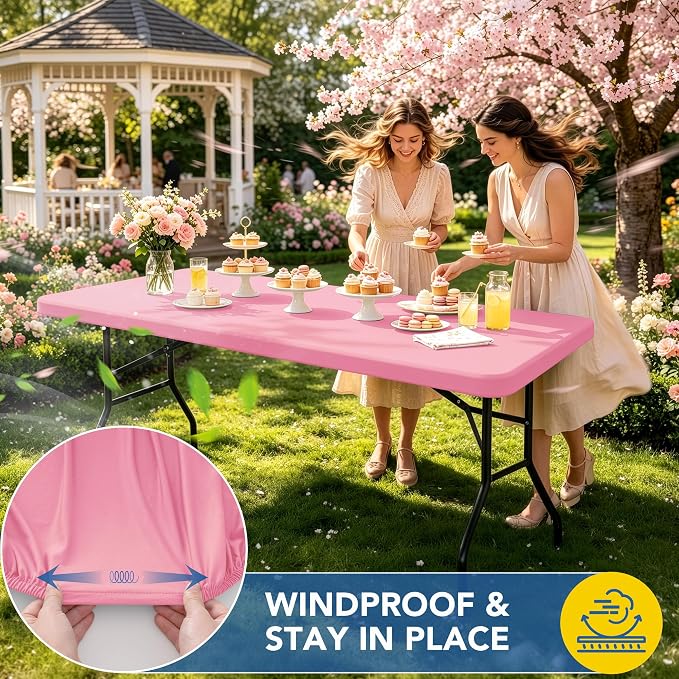 Fitted Tablecloth for 8 Foot Rectangle Tables-6 Pack Pink Elastic Outdoor Picnic Table Cover-Spandex Stretch Folding Table Cloths 8ft for Camping Dining Room Patio Kitchen Banquet Party