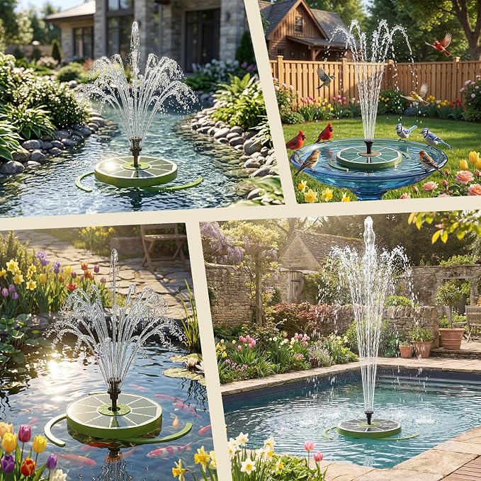 AISITIN 3.5W Solar Bird Bath Fountain with Built-in 1500mAh Battery, Solar Water Pump with 8 Nozzles, Solar Powered Floating Fountain for Outdoor Garden, Birdbath, Pond, Pool, Fish Tank - Dark Green