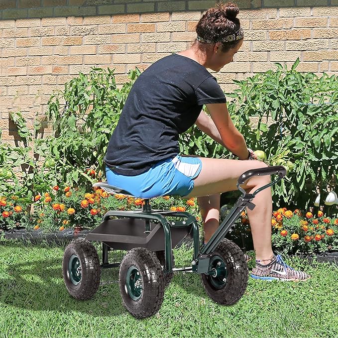 kinbor Rolling Garden Scooter Garden Cart Seat with Wheels and Tool Tray, 360 Swivel Seat, Green