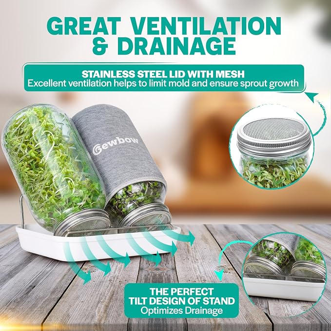 [LARGE SIZE] 2000ml(68oz) Seed Sprouting Mason Jar Kit with Stand,Drain Tray, Screen Lids,Blackout Sleeves,Good Ventilation & Drainage Capacity,Growing Fresh Organic Mung Beans,Broccoli & Microgreens