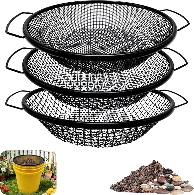 3Pcs Soil Sifter for Gardening, 3,6,8mm Grid Rock Sifter for 5 Gallon Bucket, Dirt Sifter, Compost Sifter for Capturing Dirt, Sand, Rocks, and Filtering Compost (Black)