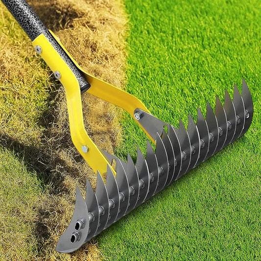 Heavy Duty Thatch Rake for Lawns -15" Dual-Action Dethatcher Thatching Rake with Sharp Blade for Dead Grass Removal,Soil Loosening,Lawn Dethatching,70" Manual Thatcher for Yard,Garden, Lawn