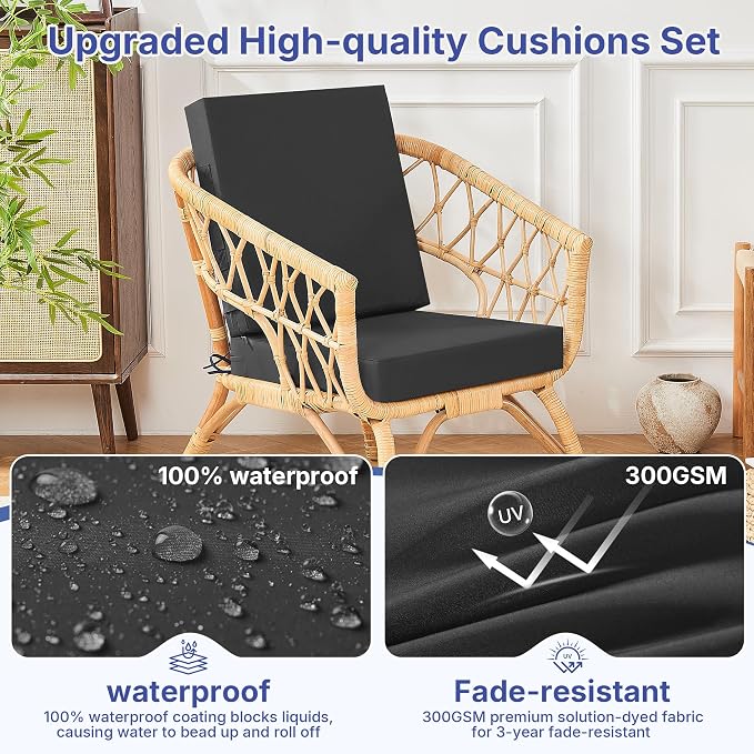 Outdoor Chair Cushions Set of 4 for Outdoor Patio Furniture, Waterproof Patio Seat Cushions with Handle & Ties, 3 Year Color Fastness Square Garden Sofa Couch Pads, 19" x 19" x 3", Dark Grey
