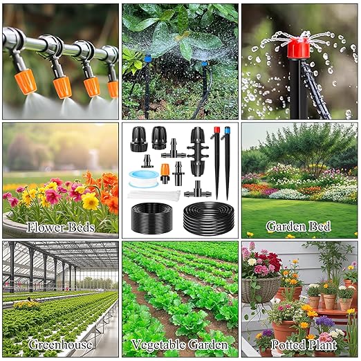250FT Drip Irrigation System Kit, Automatic Drip Irrigation Kit with 1/2 inch Hose 1/4 inch Distribution Tubing and Accessories for Greenhouse, Yard, Lawn