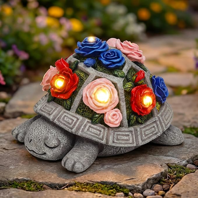 Solar Garden Decor Outdoor Turtle Statue with Multi-Color Rose Flowers & 7 LED Lights – Outside Tortoise Decoration for Lawn Yard Patio Backyard - Home House Art - Gift for Men Dad Women Mom