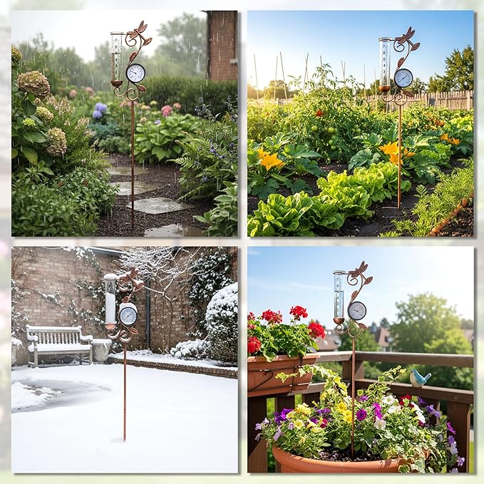 Rain Gauge Outdoor, Coppery Dragonfly with Thermometer Rain Gauges,Used for Measuring Precipitation and Temperature Garden Decor