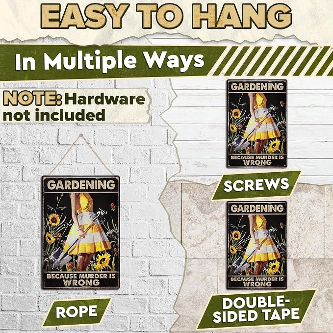 Funny Garden Signs for Outside - Gardening Because Sign 8x12 In Vintage Funny Metal Signs for Outside - Unique Gardening Gifts for Women Who Love Garden | Gardener's Backyard, Patio and Porch Decor