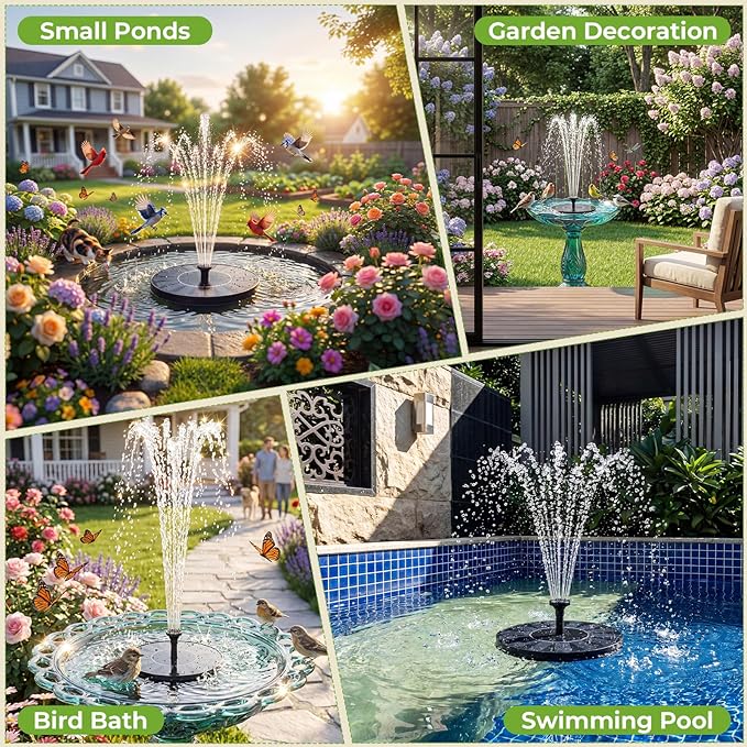 AISITIN Solar Bird Bath Fountain Pump, Solar Fountain for Bird Bath with 6 Nozzles, Solar Powered Water Fountain Pump for Garden, Ponds, Pool, Fish Tank and Outdoor