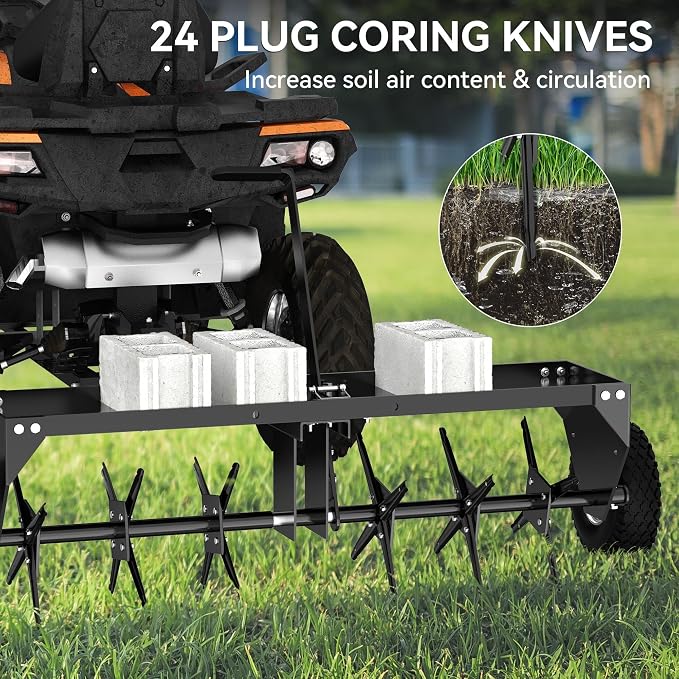 YINTATECH 40in Tow Behind Aerator, Plug Aerator for Lawn Tractor, 24 Plug Coring Knifes, Black