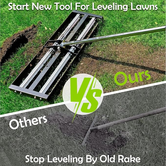 SporGain Lawn Leveling Rake 30"x10", Lawn Leveler with Aluminum Rollers, Yard Leveling Rake Stainless Steel with 27-80" Adjustable Handle, Heavy-Duty Ground Leveler Suit for Garden, Golf Lawn, Farm