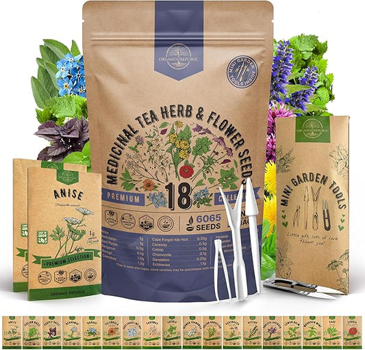 18 Medicinal Tea Herb & Flower Seeds Variety Pack - 6,100+ Non-GMO Heirloom Flower Seeds for Outdoor and Indoor Home Gardening, Including Anise, Borage, Catnip, Chamomile, Dandelion, Lavender, Sage