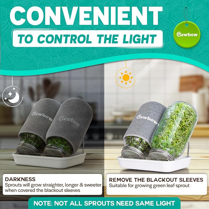 [LARGE SIZE] 2000ml(68oz) Seed Sprouting Mason Jar Kit with Stand,Drain Tray, Screen Lids,Blackout Sleeves,Good Ventilation & Drainage Capacity,Growing Fresh Organic Mung Beans,Broccoli & Microgreens