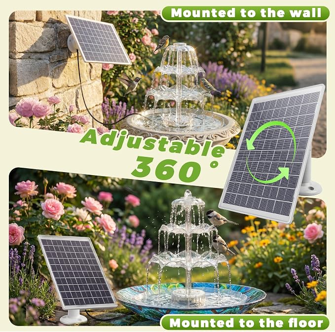 AISITIN 6.5W Solar Bird Bath Fountain with 8-Color LED Lights, 3 Tiered Bird Bath & Feeder, Upgraded Detachable Solar Pump for Garden, Patio, Yard, Pond (Auto Pump Day, Light at Night)