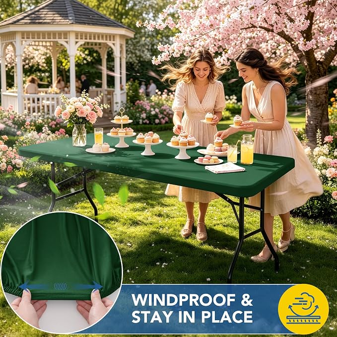 Fitted Tablecloth for 8 Foot Rectangle Tables-6 Pack Hunter Green Elastic Outdoor Picnic Table Cover-Spandex Stretch Christmas Table Cloths 8ft for Camping Dining Patio Kitchen Banquet Party