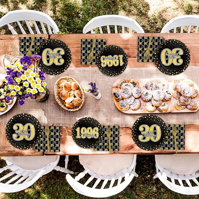 96PCS 30th Theme Birthday Party Tableware Vintage 1996 Party Supplies 30 Year Old Birthday Decorations Plates Napkins Forks Black and Gold Dinnerware Favors for Men or Women
