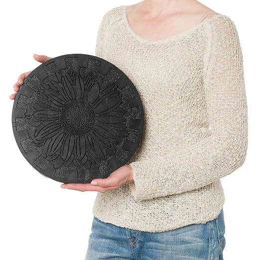 HF by LT Deluxe Rubber Stepping Stone, Sunflower Design, Heavy Duty 13 inch All-Weather Garden Tile, Black, Set of 3