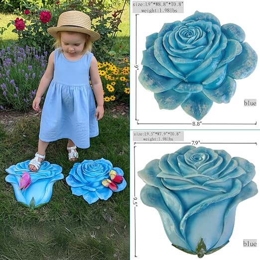 Garden Stepping Stones Outdoor Walkway – Resin Rose Flower Pavers for Path, Lawn & Backyard – Round Decorative Yard Art Decor – Set of 2, Blue