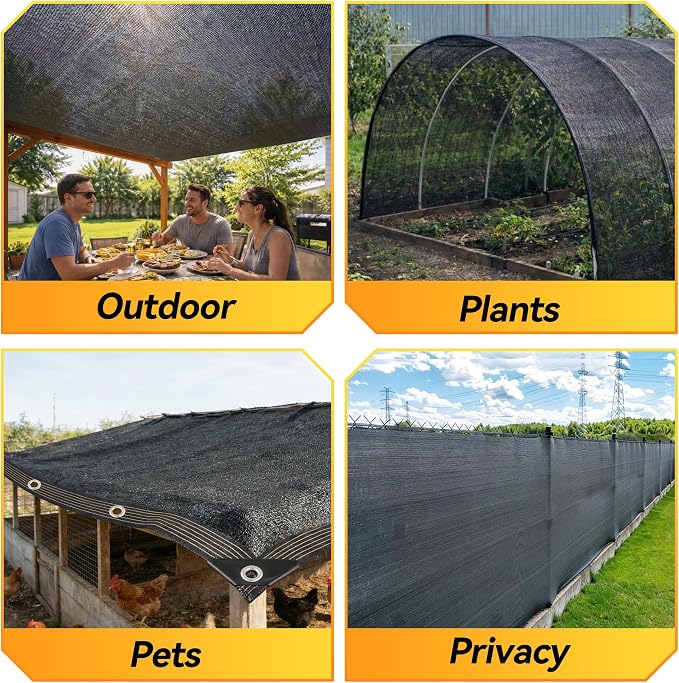 JOJOLEE 40% Sun Shade Cloth, 10x12FT Shade Net Mesh Tarp with Grommets, Black Sunblock Cover for Outdoor Patio Plants, Pergola, Greenhouse, Chicken Coop, Backyard, Balcony