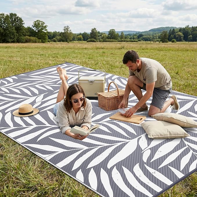 Smiry Outdoor Rug 8x10 ft, Waterproof Reversible Plastic Straw Rugs, Outdoor Area Rug with Leaf Pattern, Outside Floor Mat for Patio, Backyard, Deck, Picnic, Beach, Camping, Grey & White