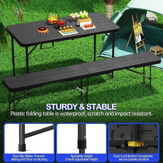 VSOAEIL Folding Table 4 Foot for Indoor Outdoor, Portable Heavy Duty Fold-in-Half Utility Small Plastic Adjustable Height Folding with Carrying Handle for Picnic Camping and Party, Matte Black