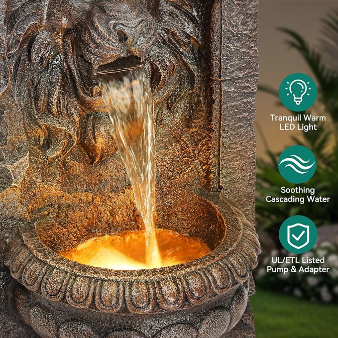 30" Lion Head Outdoor Water Fountain, Handcrafted Antique Stone Sculpture Garden Fountain, Warm LED-Lit Cascading Waterfall, Relaxing Fountains for Outside Garden Patio Yard Deck Floor Decor