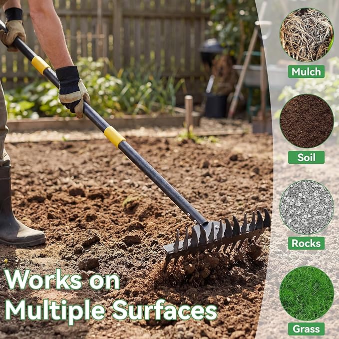 Metal Garden Rake Heavy Duty, 62" Adjustable Handle Bow Rake Dual-Sided Dethatching Thatch Rakes Garden Tool for Rock Leaves Lawns Landscape Yard Gardening Loosening Soil