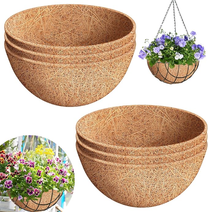 Riare 6 Pack 14 Inch Round Coco Liners Replacement, 100% Natural Coconut Coir Liners for Hanging Baskets, Garden Flower Vegetables Planter Pot, Window Box, Fence, Decks