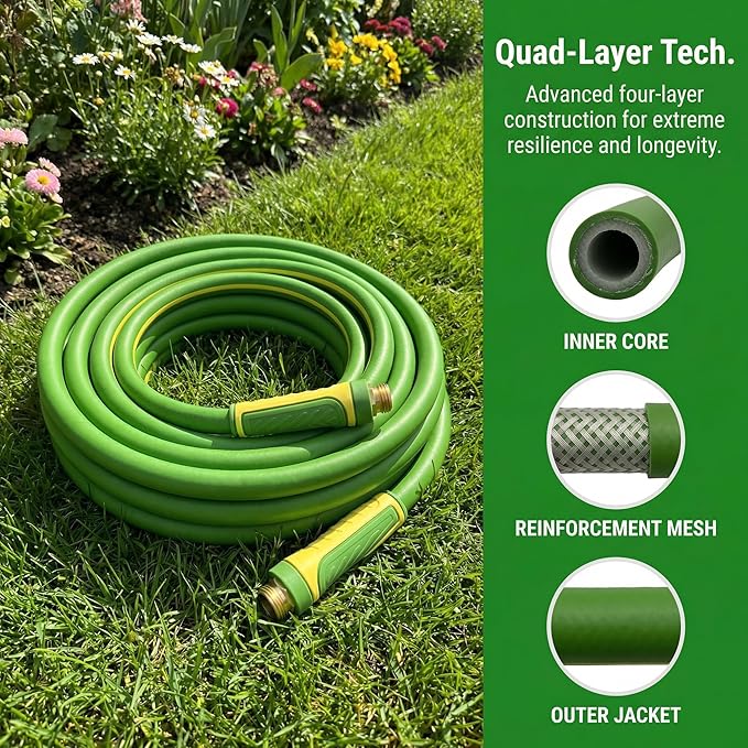 PremiumPro 50FT 5/8" Heavy Duty Reinforced Garden Hose, Large Flow,600 PSI Burst Pressure, Four Layer Hybrid Polymer Anti Kink with 360 Swivel Brass Connectors and handle for yard,washing & irrigation