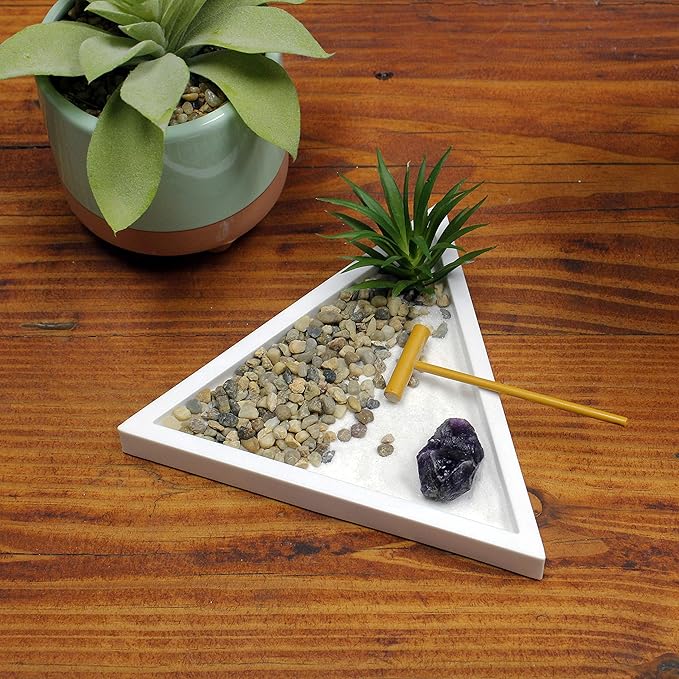 Nature's Mark Mini Zen Garden Kit with White Sand, Rake, White Base, Salt Rock and Air Plant (Triangle)