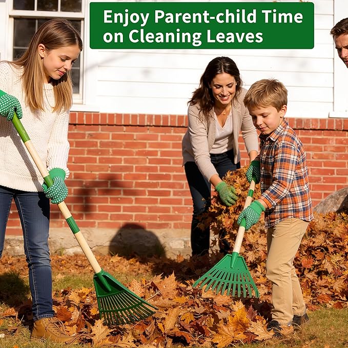 Kids' Leaf Rakes, Small Children's Lawn and Garden Tools, Toddler Yard Tool Set, 2 Pcs 35'' Plastic Head Leaf Rake with 2 Pairs of Gloves, Adjustable Wooden Handle , Safe for Boys and Girls