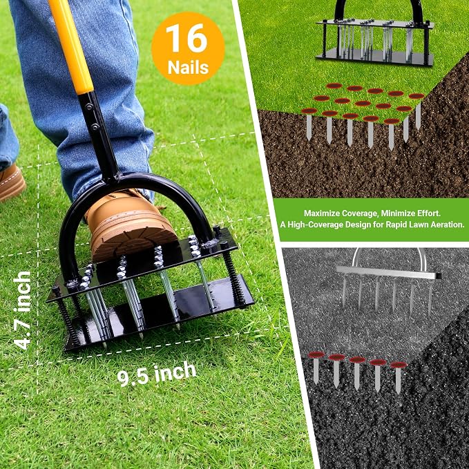 Manual Lawn Aerator Tool – Spring-Loaded Self-Cleaning Soil Loosener with 16 Steel Spikes – Heavy Duty Spike Aerator for Compacted Lawns & Grass Root Growth