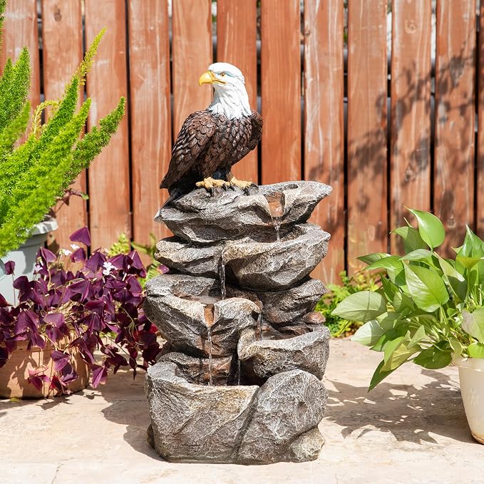 Glitzhome Outdoor Water Fountain with Lights, 4-Tiered Eagel Outdoor Fountain, 25.25" H Polyresin Decorative Waterfall Feature Garden Fountain with Pump for Garden, Patio, Yard, Deck, Porch Decor