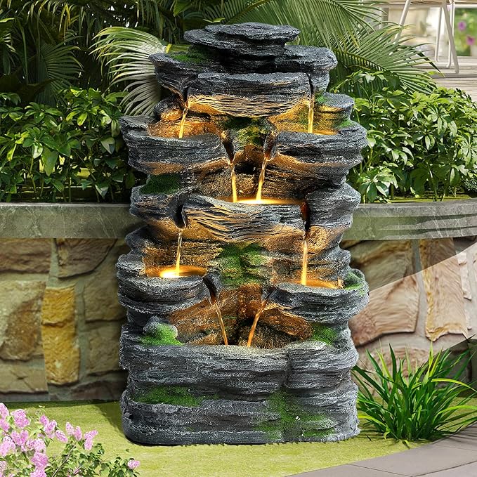 Garden Fountains Outdoor, 7-Tiers Cascading Rock Water Fountain, 24.4" H Waterfall Fountain Indoor with 6 LED Lights and Moss for Patio, Yard and Home Art Decor, Natural Stone Look