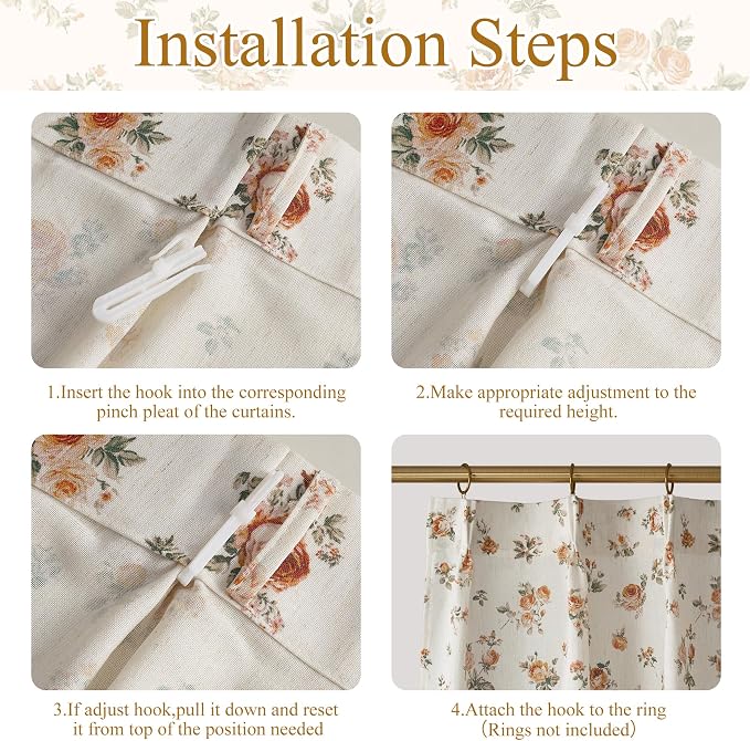 StangH Pinch Pleat Cafe Curtains 36 Inch Long Vintage Floral Linen Half Window Curtains for Kitchen/Bedroom,flowal Yellow,W26xL36,2 Panels（10 Plastic Hooks with 2 Extra）