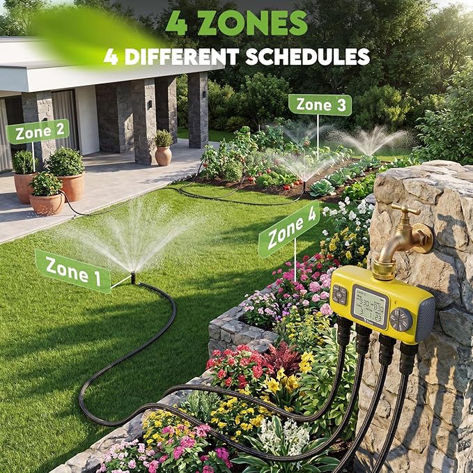 4 Zone Water Timer for Garden Hose, 4 Outlets Sprinkler Timer for Watering with Brass Inlet,Rain Delay/Automatic/Manual Irrigation System for Garden Sprinkler Controller for Lawn Yard Garden
